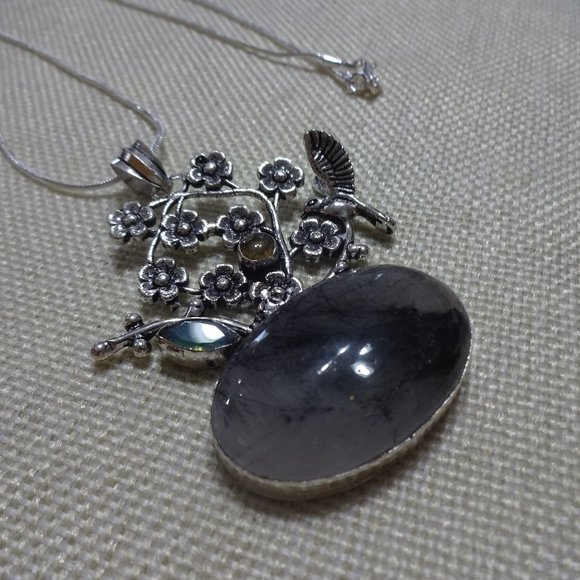 Beautiful "TOURMALINE QUARTZ & OPALITE" Handmade Sterling Floral Pendant/Chain - Picture 1 of 3